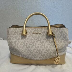 Michael Kors Savannah large satchel in signature canvas with a vanilla and gold